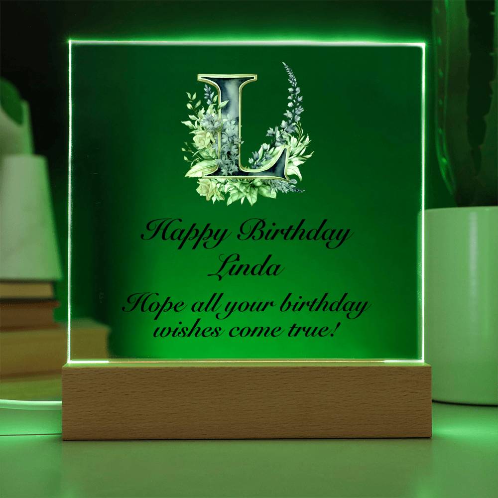 Happy Birthday Linda (Lavender Flowers) - Square Acrylic Plaque With USB Corded LED Base