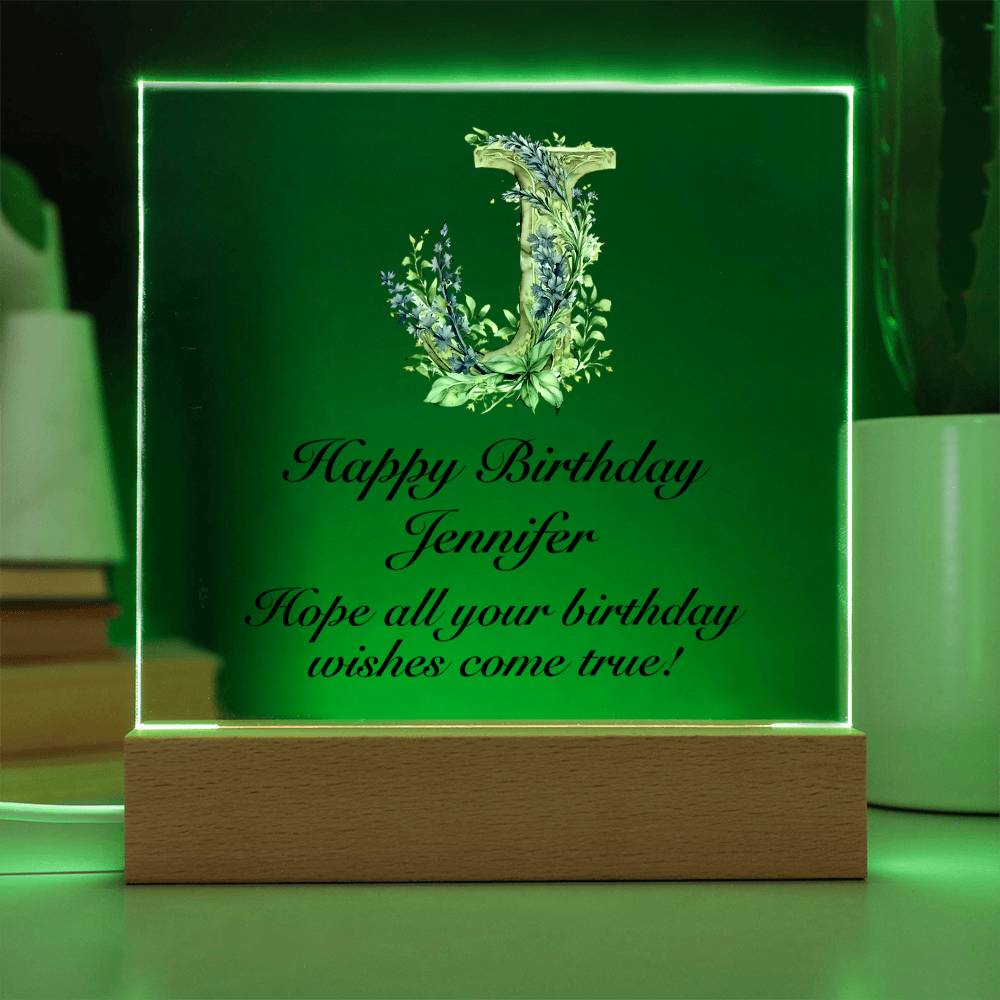 Happy Birthday Jennifer (Lavender Flowers) - Square Acrylic Plaque With USB Corded LED Base