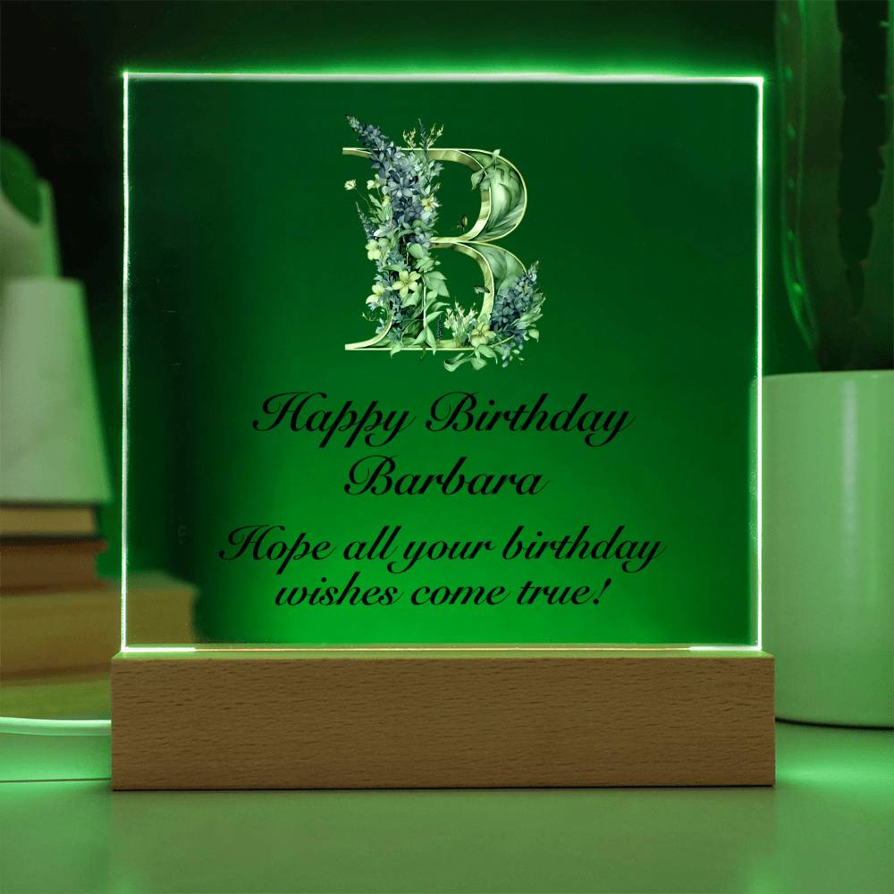 Happy Birthday Barbara (Lavender Flowers) - Square Acrylic Plaque With USB Corded LED Base