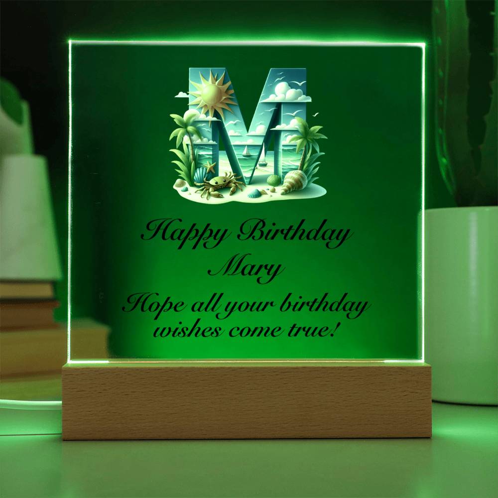 Happy Birthday Mary (Summer Beach) - Square Acrylic Plaque With USB Corded LED Base