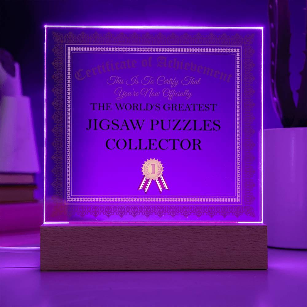 World's Greatest Jigsaw Puzzles Collector - Square Acrylic Plaque With USB Corded LED Base