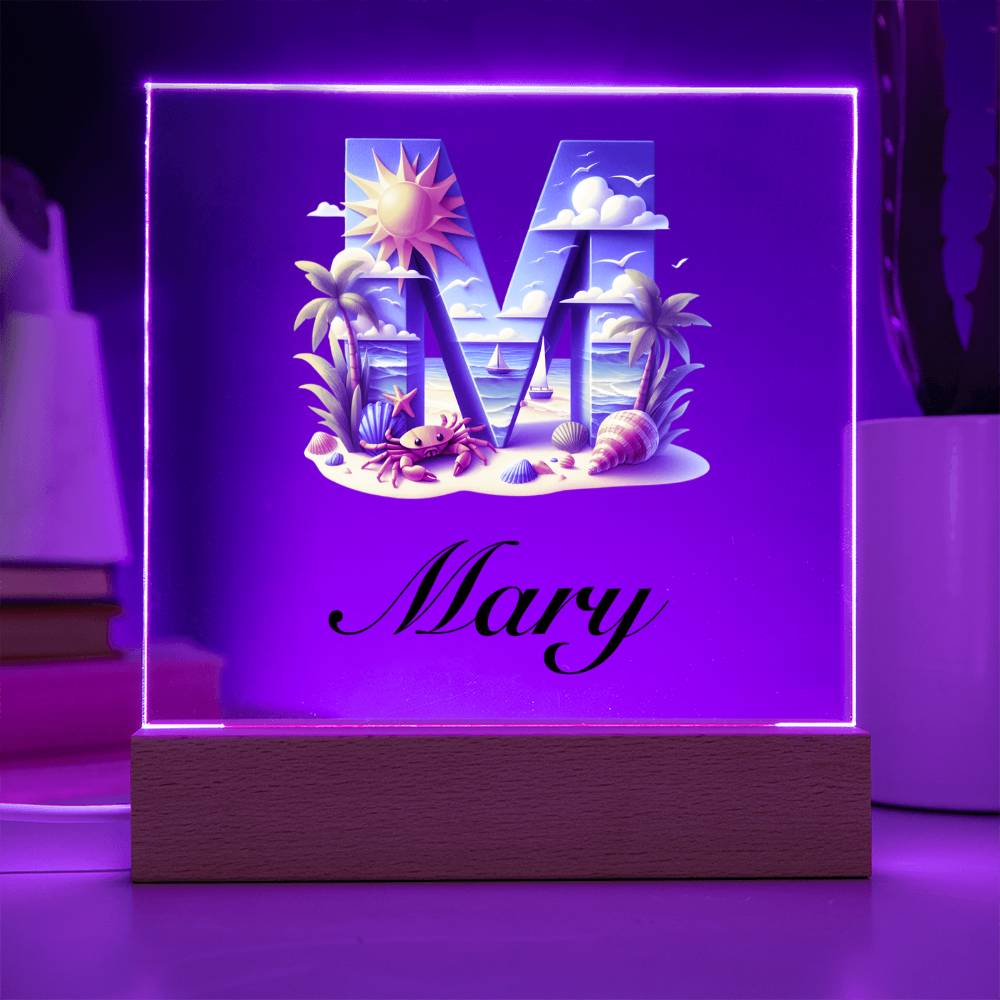 Mary (Summer Beach) - Square Acrylic Plaque With USB Corded LED Base
