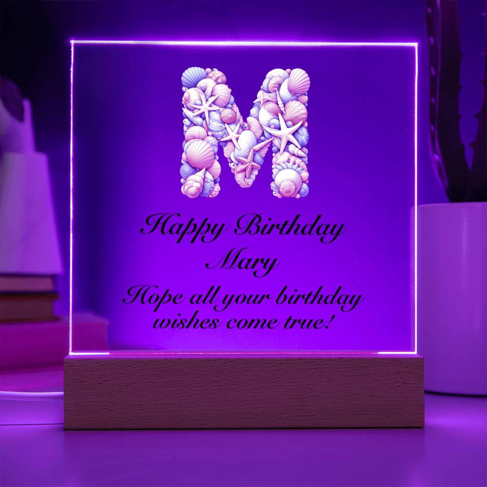 Happy Birthday Mary (Sea Life) - Square Acrylic Plaque With USB Corded LED Base