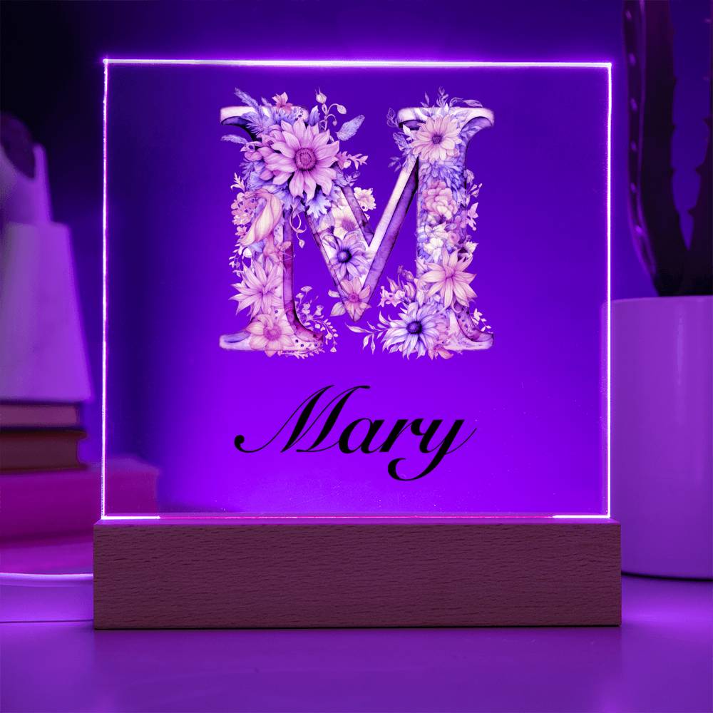 Mary (Blooming Flowers) - Square Acrylic Plaque With USB Corded LED Base