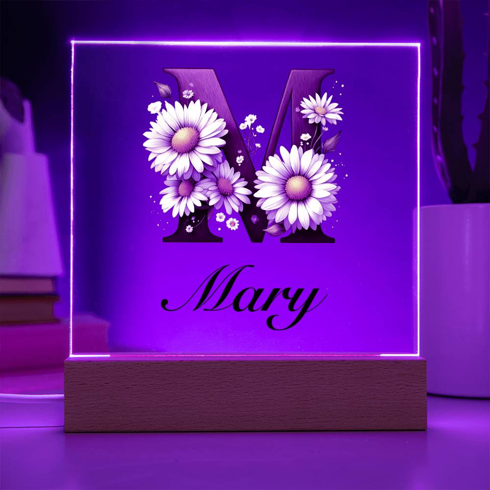 Mary (Daisies) - Square Acrylic Plaque With USB Corded LED Base