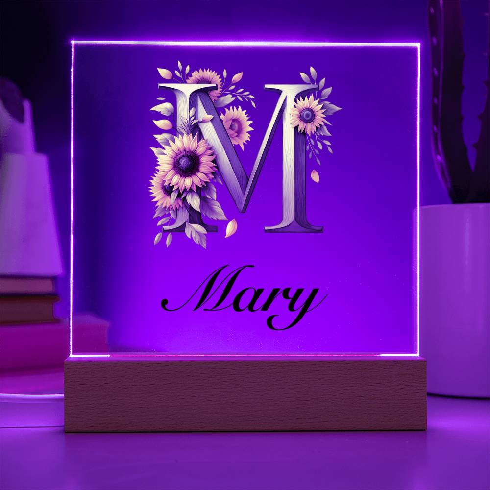 Mary (Sunflowers) - Square Acrylic Plaque With USB Corded LED Base