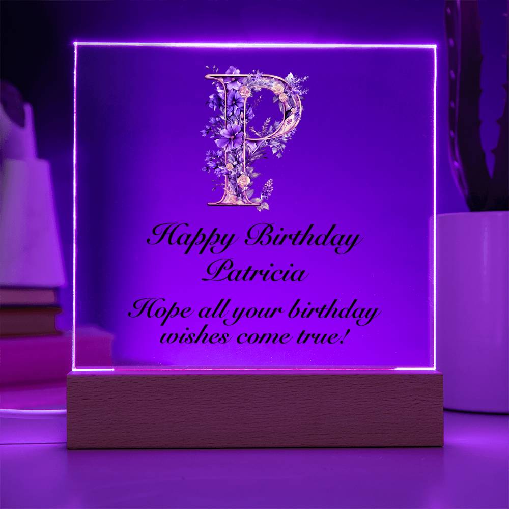 Happy Birthday Patricia (Lavender Flowers) - Square Acrylic Plaque With USB Corded LED Base
