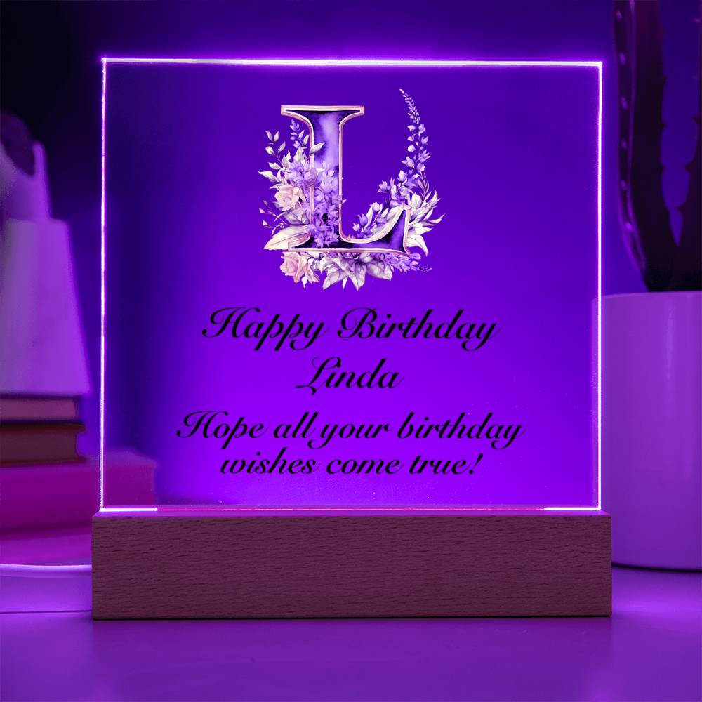 Happy Birthday Linda (Lavender Flowers) - Square Acrylic Plaque With USB Corded LED Base