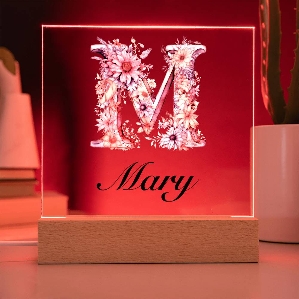 Mary (Blooming Flowers) - Square Acrylic Plaque With USB Corded LED Base