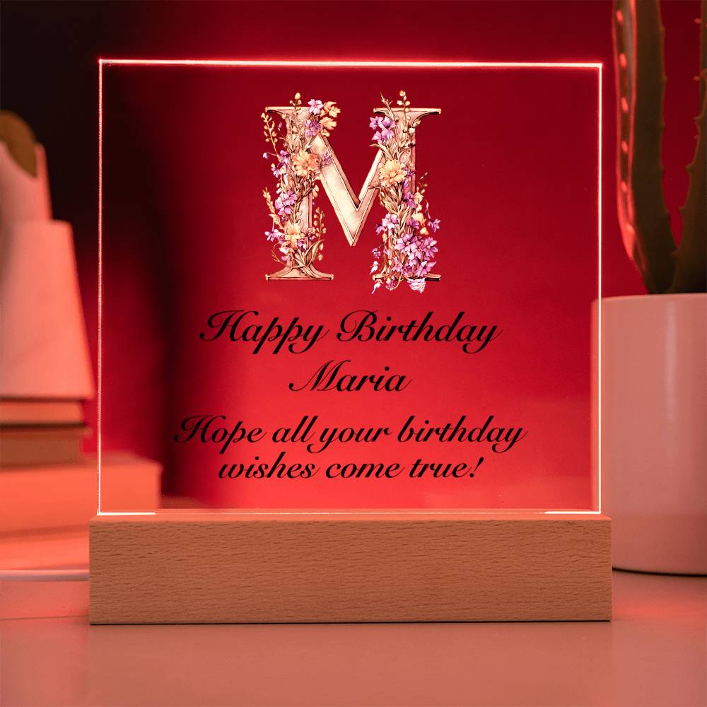 Happy Birthday Maria (Lavender Flowers) - Square Acrylic Plaque With USB Corded LED Base