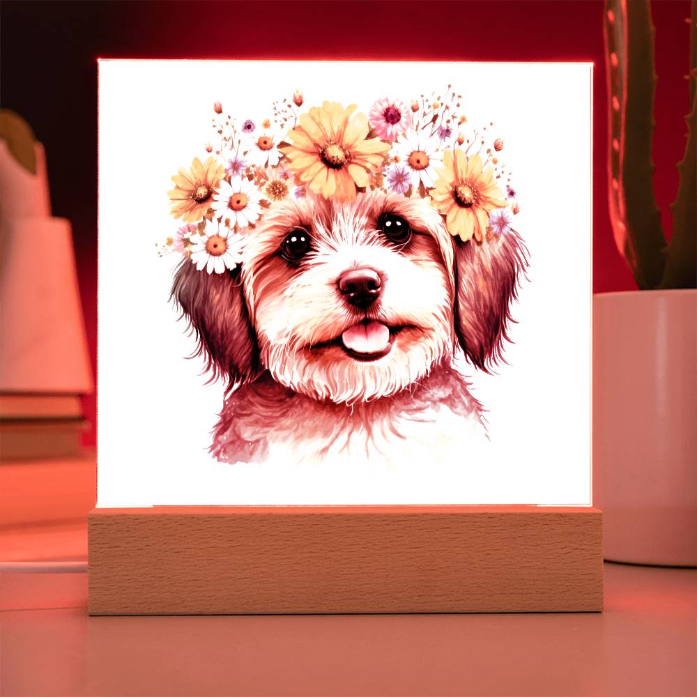 Dog And Spring Flowers (Watercolor) 05 - Square Acrylic Plaque