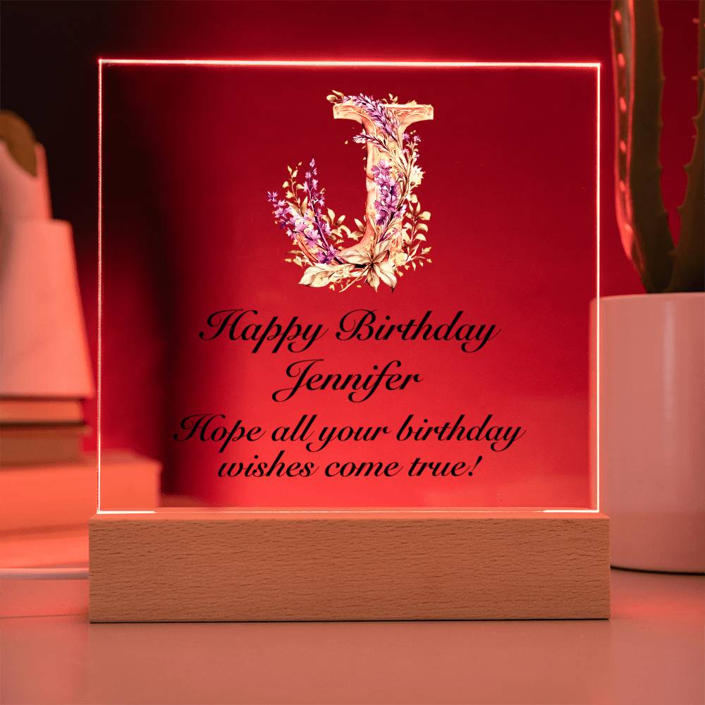 Happy Birthday Jennifer (Lavender Flowers) - Square Acrylic Plaque With USB Corded LED Base