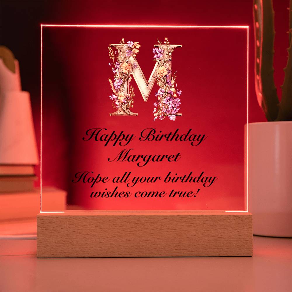 Happy Birthday Margaret (Lavender Flowers) - Square Acrylic Plaque With USB Corded LED Base