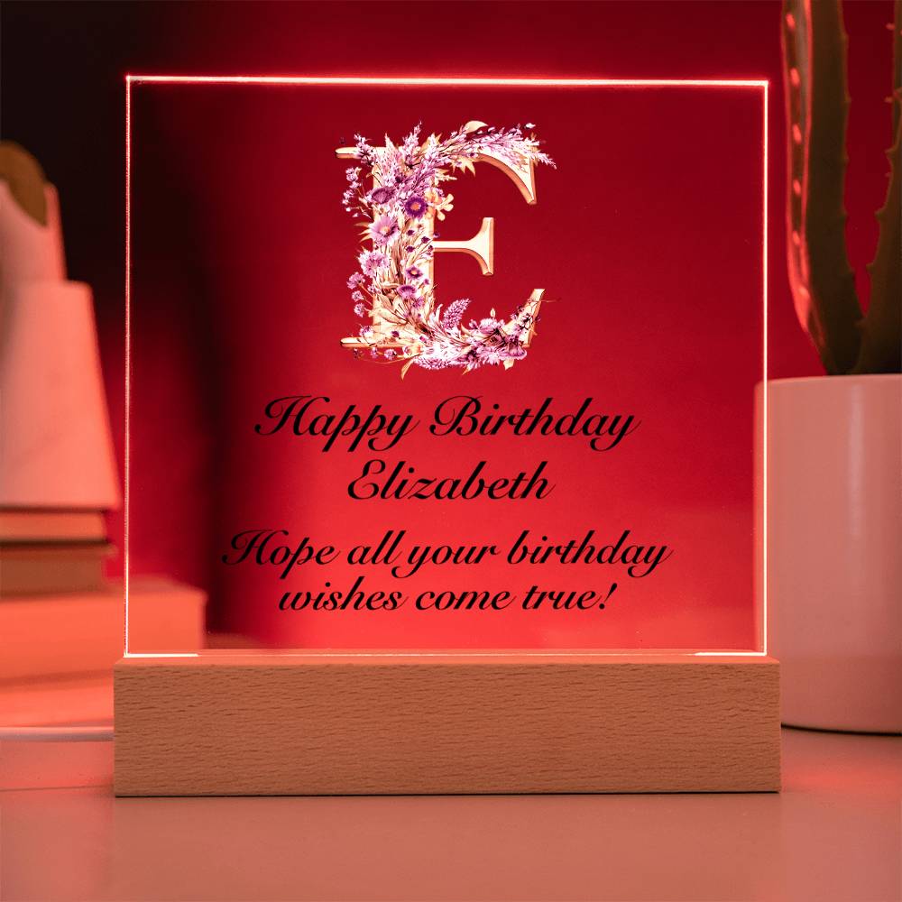 Happy Birthday Elizabeth (Lavender Flowers) - Square Acrylic Plaque With USB Corded LED Base