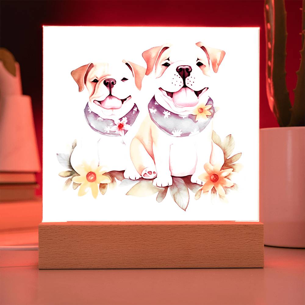 Bulldog And Flowers (Watercolor) 03 - Square Acrylic Plaque