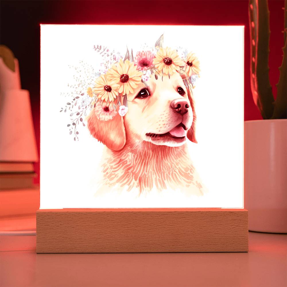 Dog And Spring Flowers (Watercolor) 01 - Square Acrylic Plaque