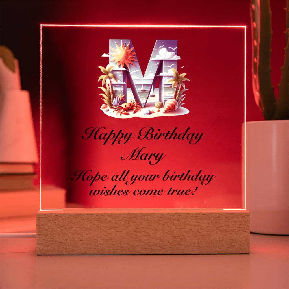 Happy Birthday Mary (Summer Beach) - Square Acrylic Plaque With USB Corded LED Base