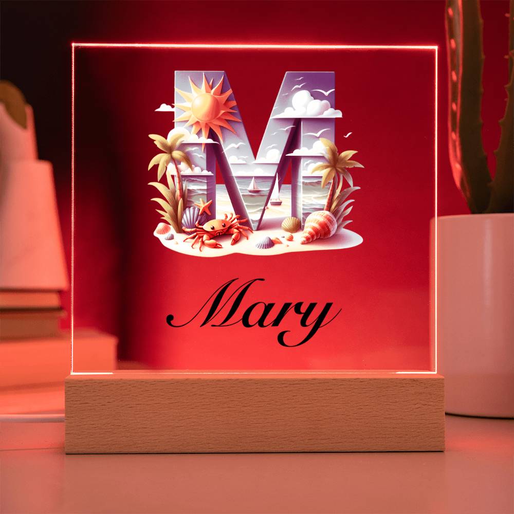 Mary (Summer Beach) - Square Acrylic Plaque With USB Corded LED Base