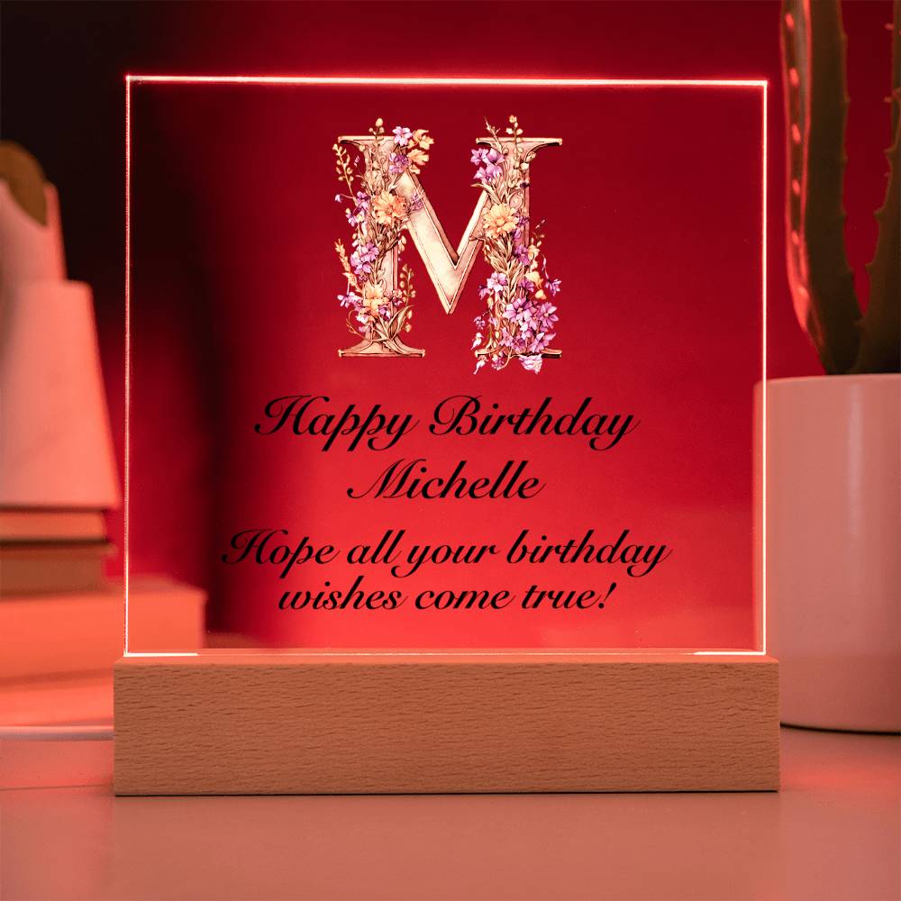 Happy Birthday Michelle (Lavender Flowers) - Square Acrylic Plaque With USB Corded LED Base