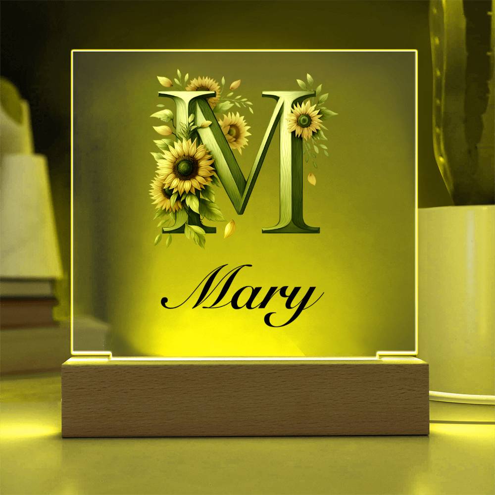 Mary (Sunflowers) - Square Acrylic Plaque With USB Corded LED Base