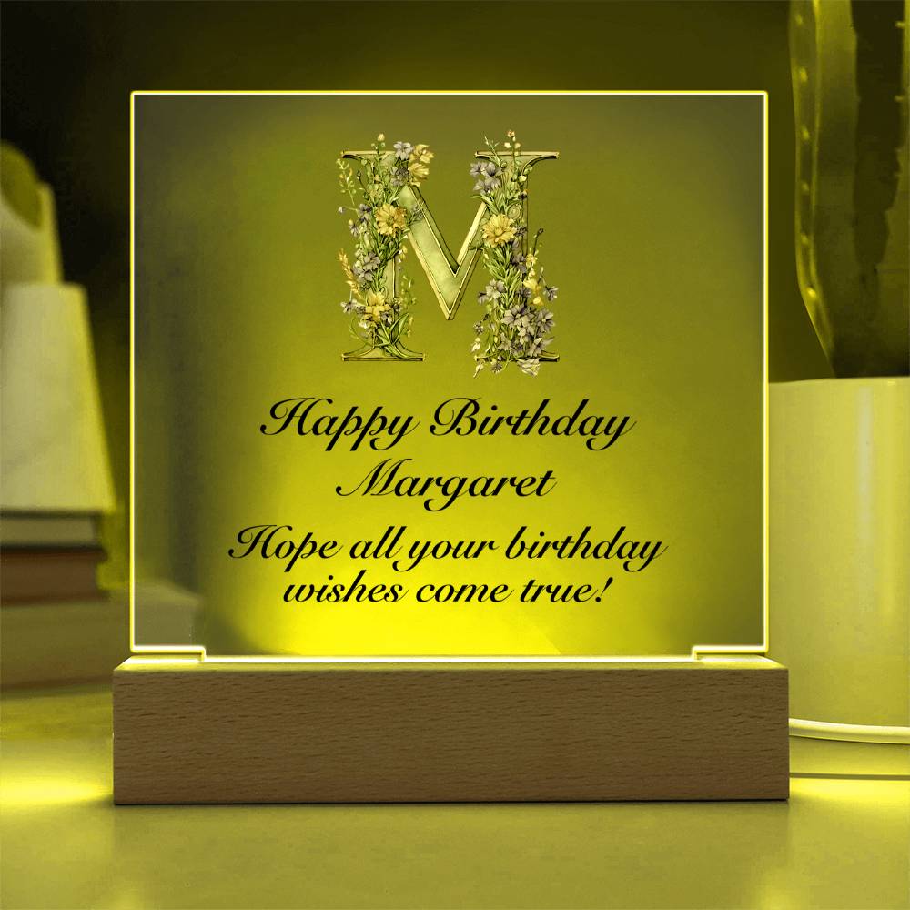 Happy Birthday Margaret (Lavender Flowers) - Square Acrylic Plaque With USB Corded LED Base