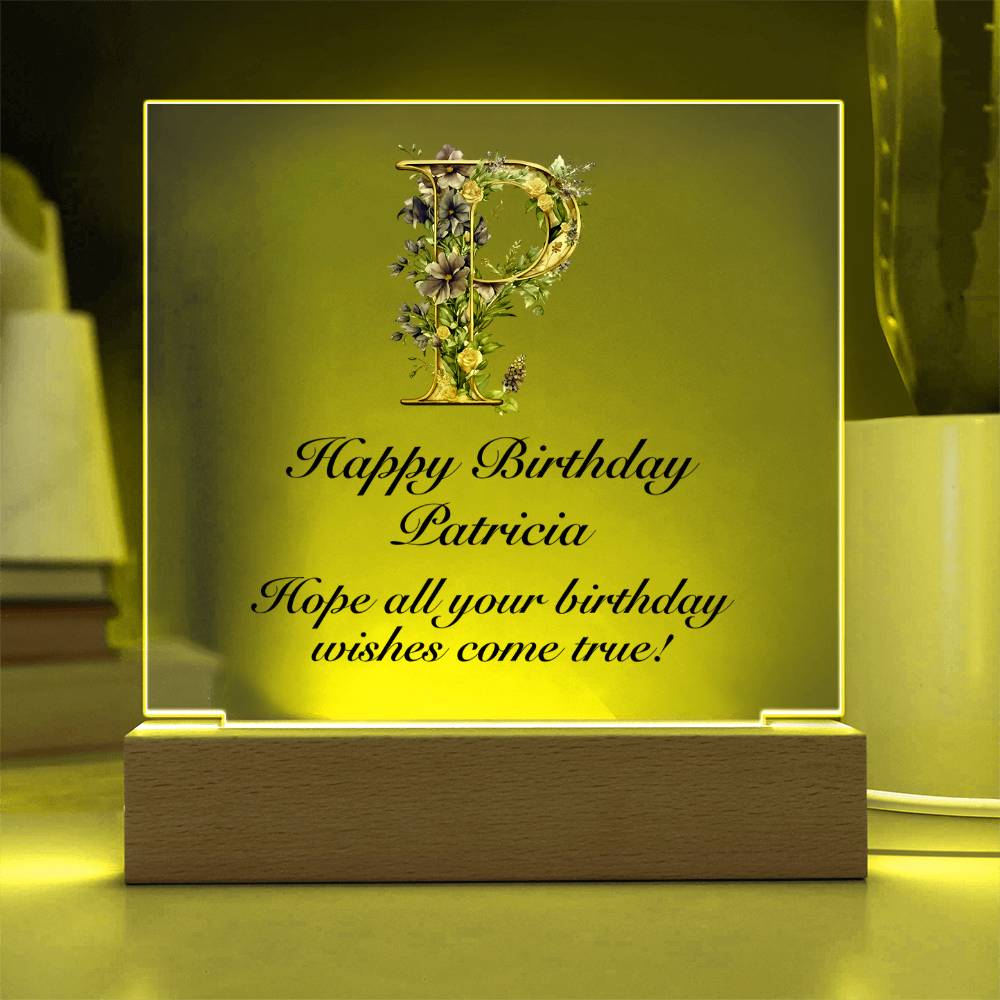 Happy Birthday Patricia (Lavender Flowers) - Square Acrylic Plaque With USB Corded LED Base