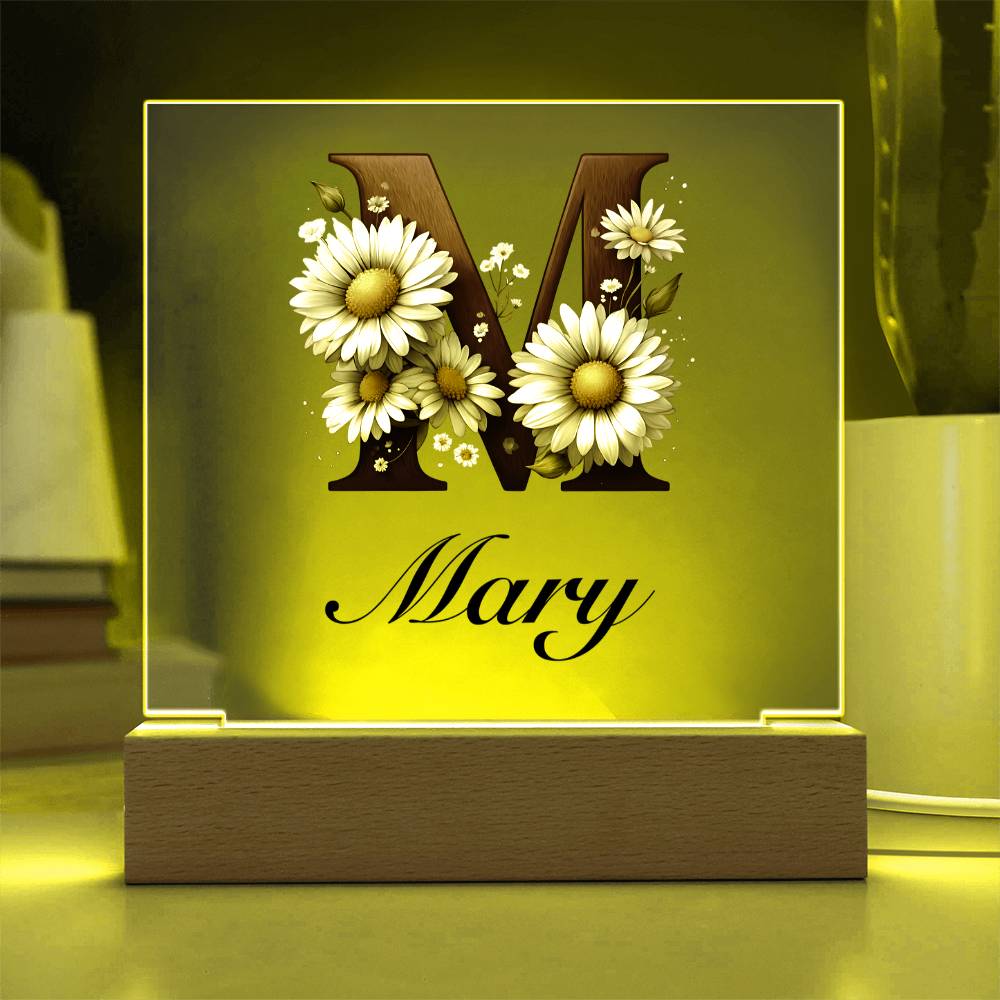 Mary (Daisies) - Square Acrylic Plaque With USB Corded LED Base