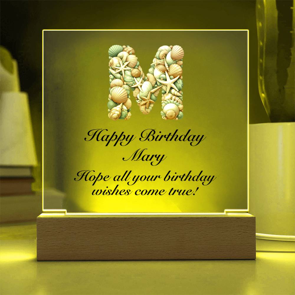 Happy Birthday Mary (Sea Life) - Square Acrylic Plaque With USB Corded LED Base