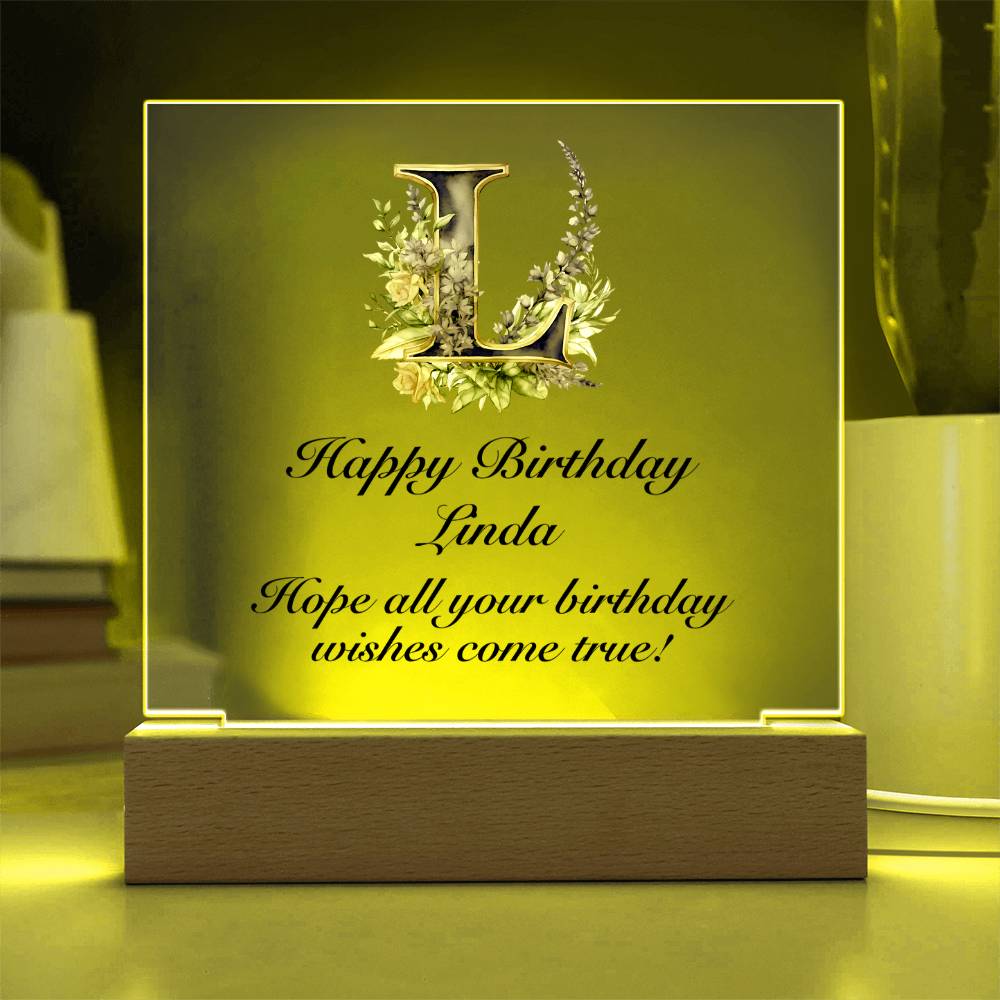Happy Birthday Linda (Lavender Flowers) - Square Acrylic Plaque With USB Corded LED Base