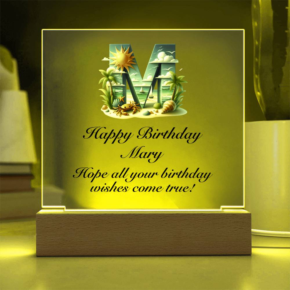 Happy Birthday Mary (Summer Beach) - Square Acrylic Plaque With USB Corded LED Base