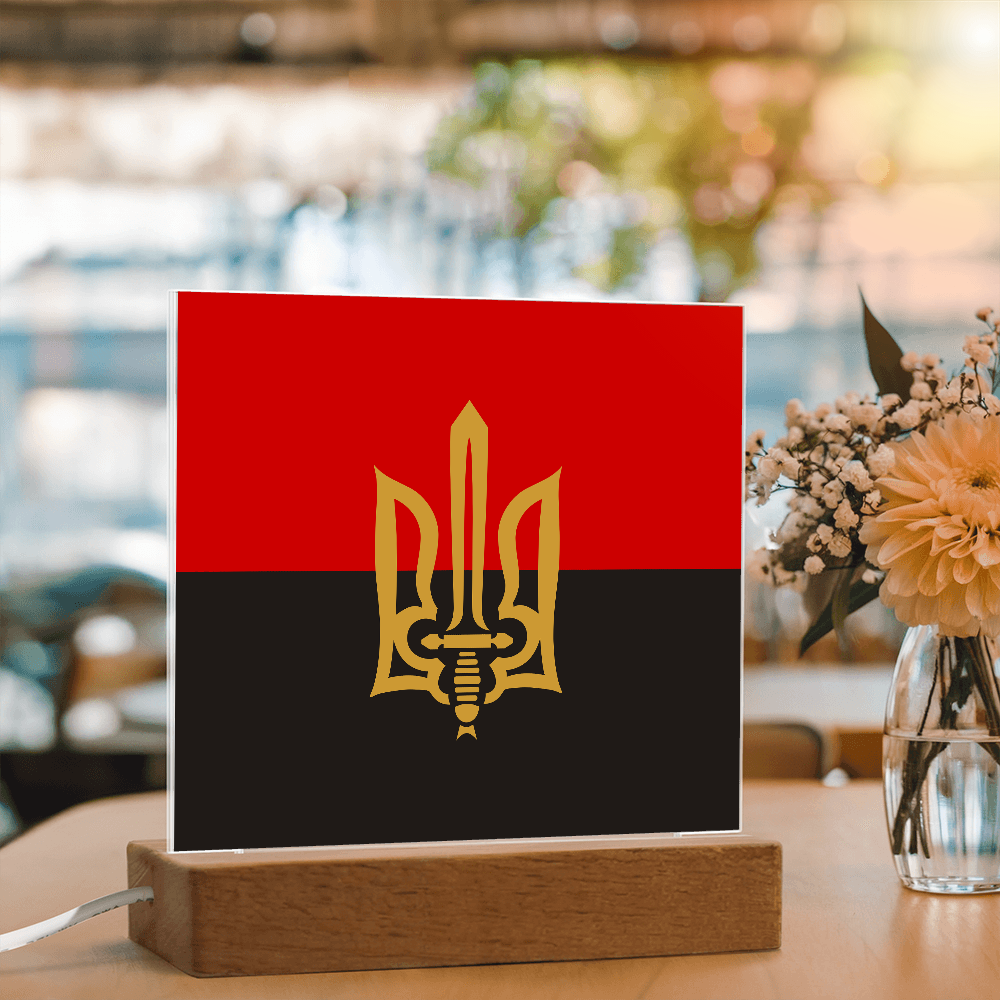 Stylized Tryzub And Red-Black Flag - Square Acrylic Plaque With LED Lights