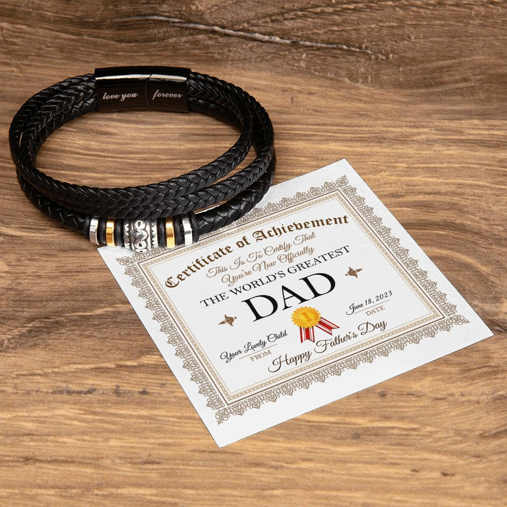 World's Greatest Dad - Men's Love You Forever Leather Bracelet With Mahogany Style Luxury Box
