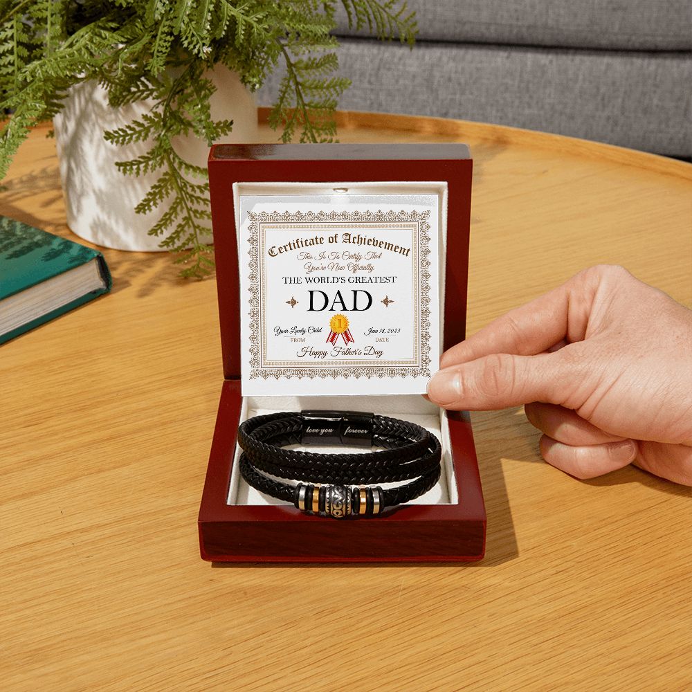 World's Greatest Dad - Men's Love You Forever Leather Bracelet With Mahogany Style Luxury Box