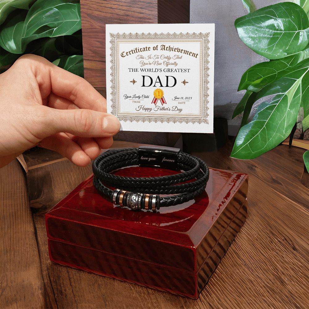 World's Greatest Dad - Men's Love You Forever Leather Bracelet With Mahogany Style Luxury Box