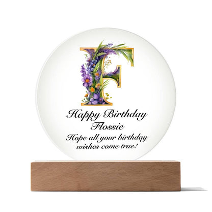 Happy Birthday Flossie v02 - Circle Acrylic Plaque