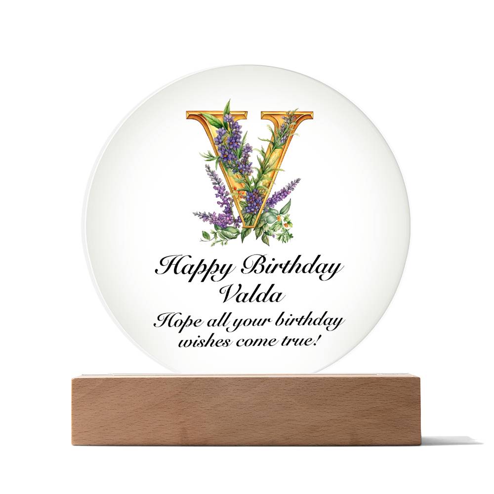 Happy Birthday Valda v02 - Circle Acrylic Plaque