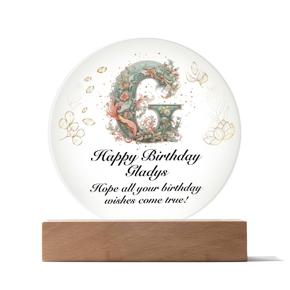 Happy Birthday Gladys v01 - Circle Acrylic Plaque