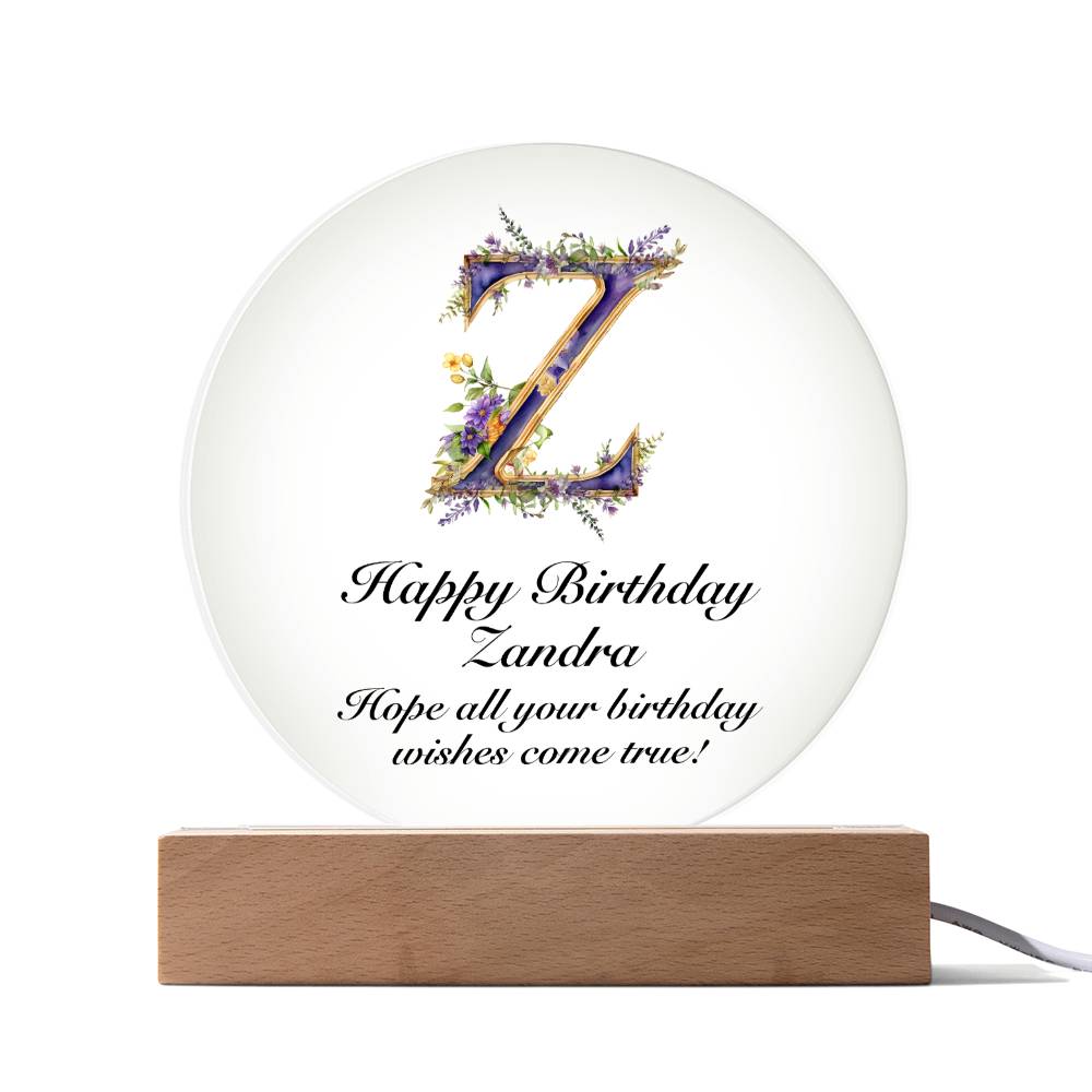 Happy Birthday Zandra v02 - Circle Acrylic Plaque