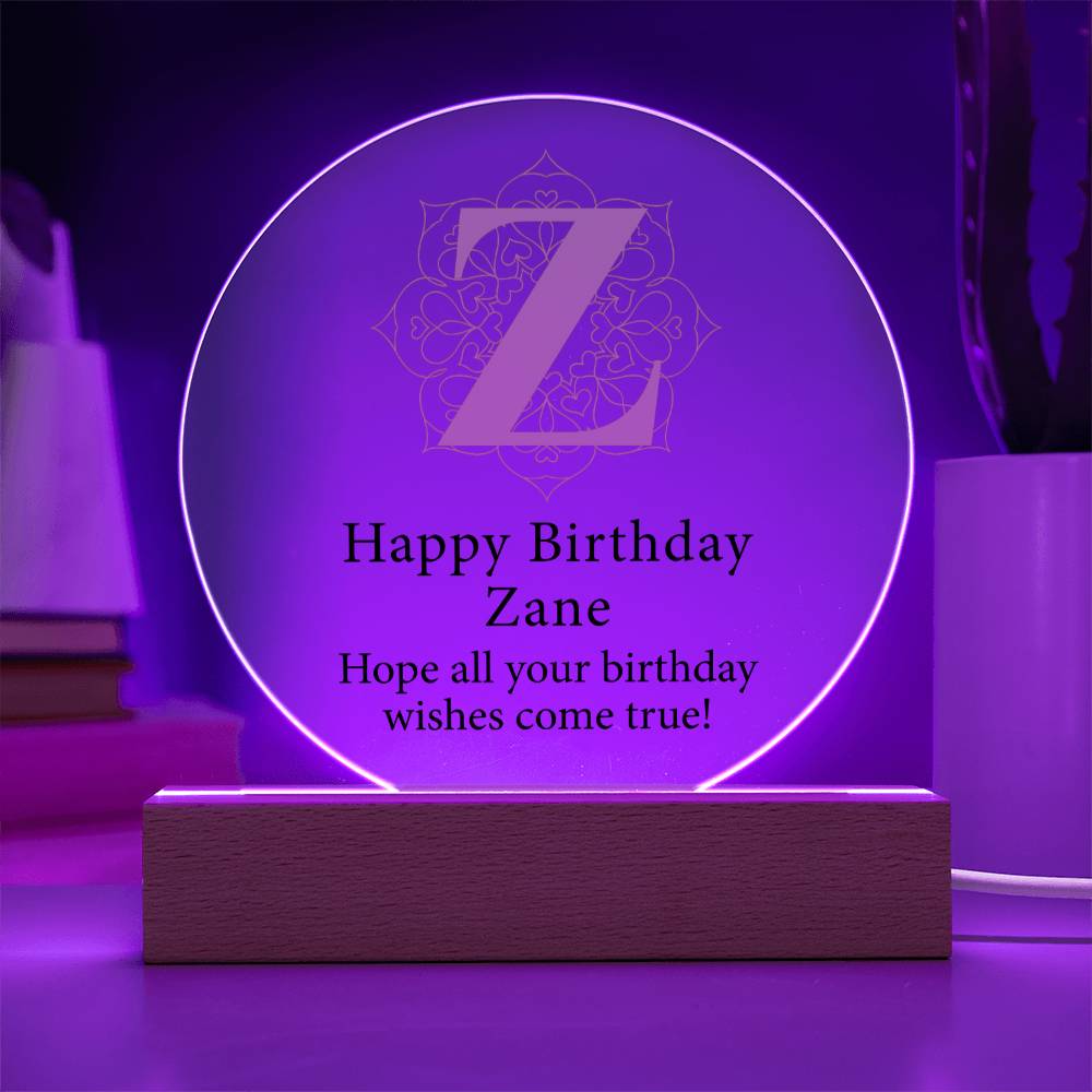 Happy Birthday Zane v01 - Circle Acrylic Plaque