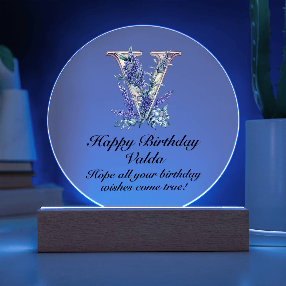 Happy Birthday Valda v02 - Circle Acrylic Plaque