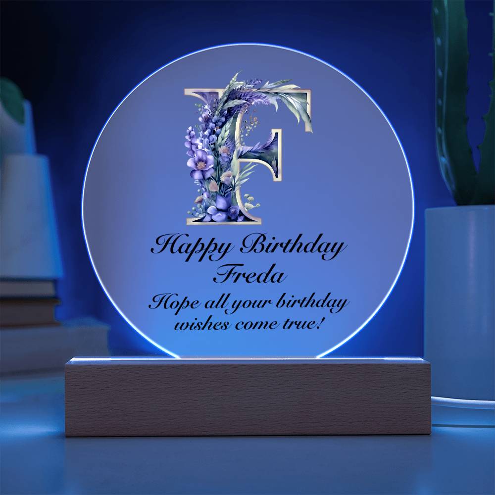 Happy Birthday Freda v02 - Circle Acrylic Plaque