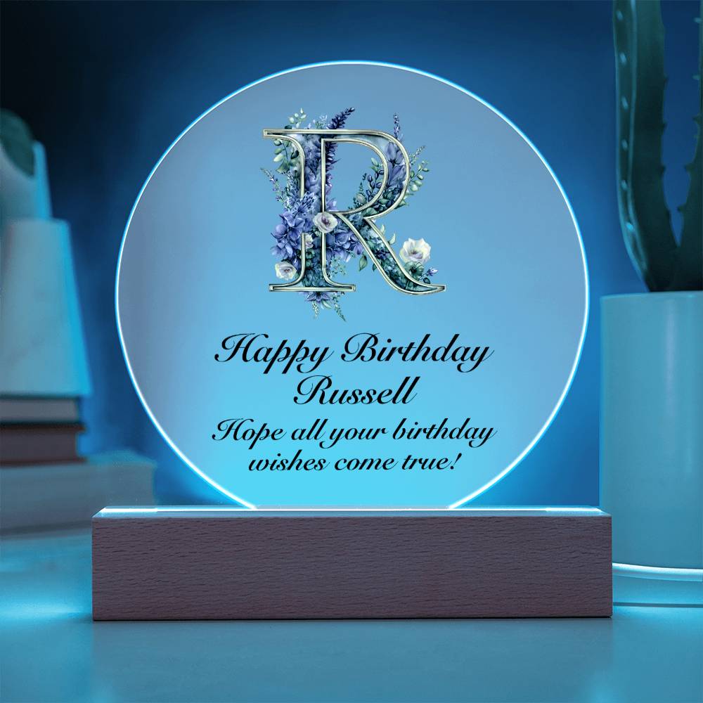 Happy Birthday Russell v02 - Circle Acrylic Plaque
