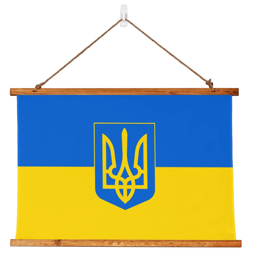 Tryzub And Flag Of Ukraine - 36" x 26" Wood Framed Wall Tapestry