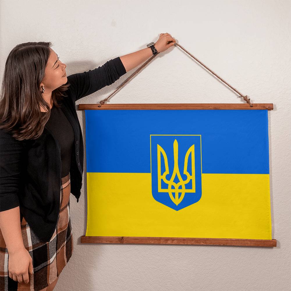 Tryzub And Flag Of Ukraine - 36" x 26" Wood Framed Wall Tapestry