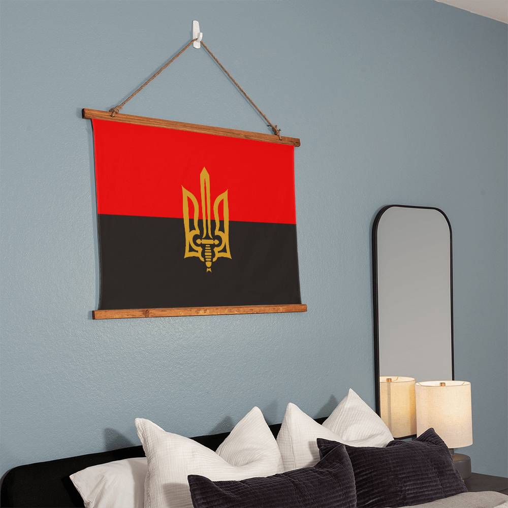 Stylized Tryzub And Red-Black Flag - 36" x 26" Wood Framed Wall Tapestry
