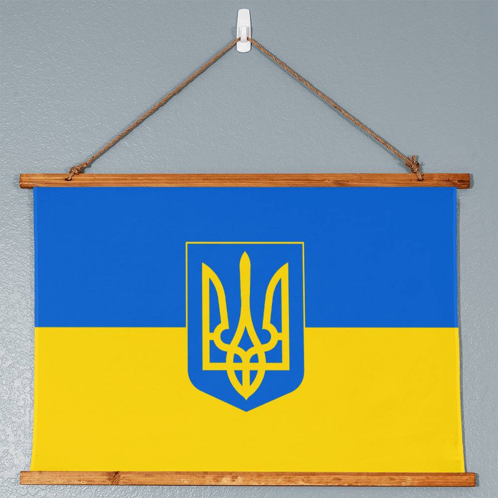 Tryzub And Flag Of Ukraine - 36" x 26" Wood Framed Wall Tapestry