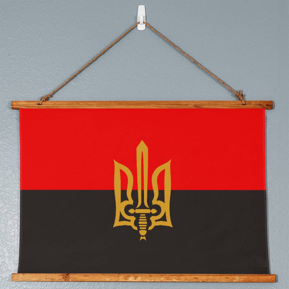 Stylized Tryzub And Red-Black Flag - 36" x 26" Wood Framed Wall Tapestry