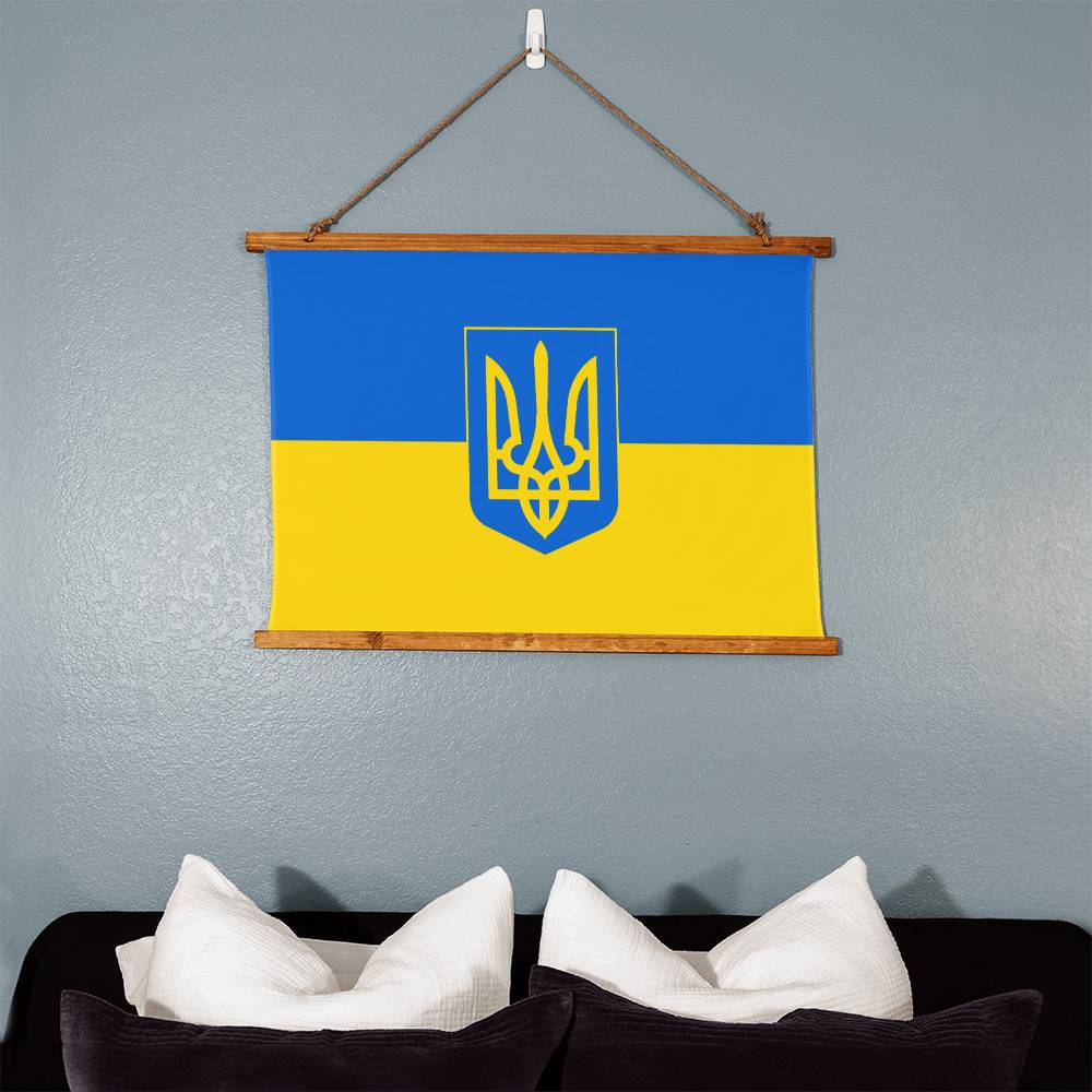 Tryzub And Flag Of Ukraine - 36" x 26" Wood Framed Wall Tapestry