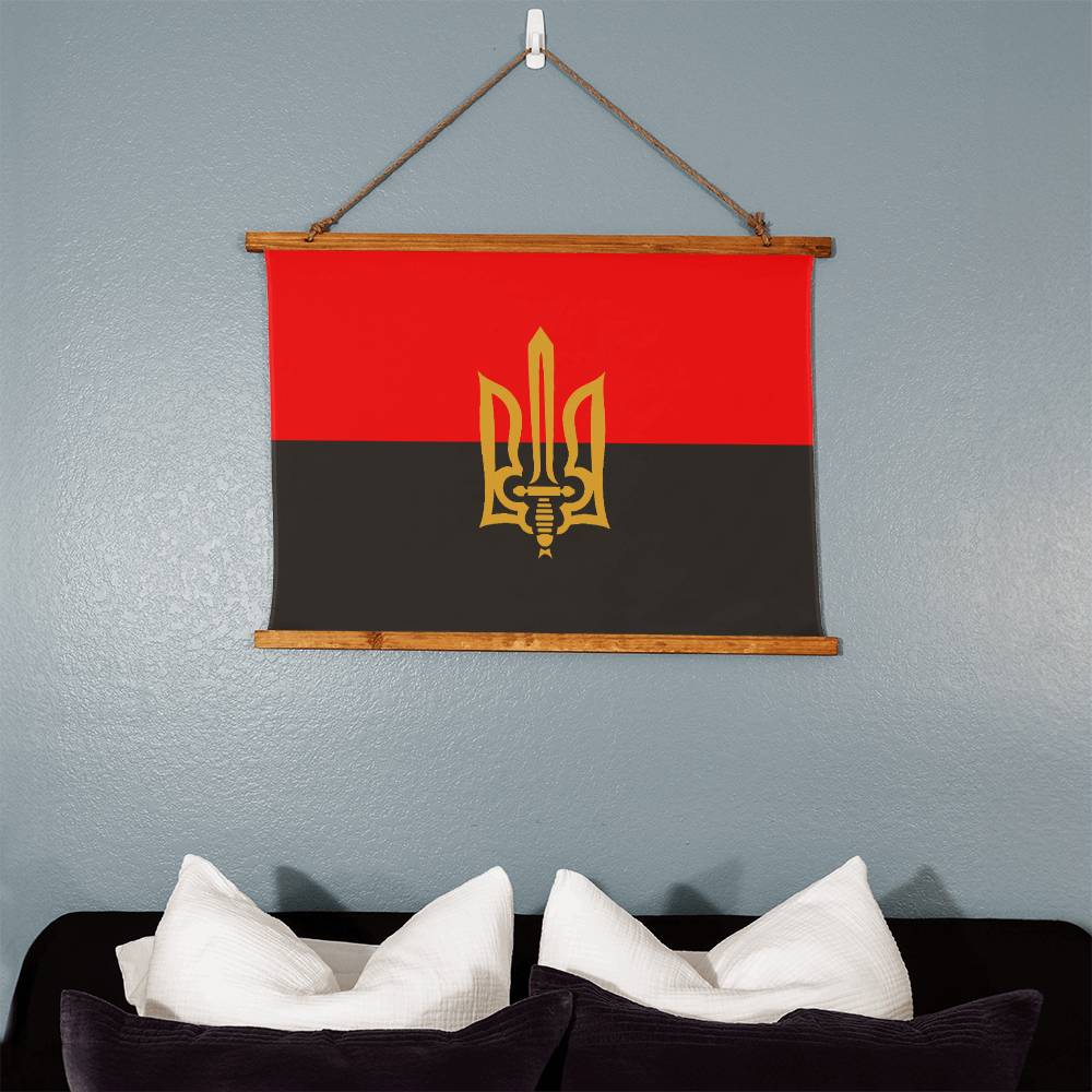 Stylized Tryzub And Red-Black Flag - 36" x 26" Wood Framed Wall Tapestry
