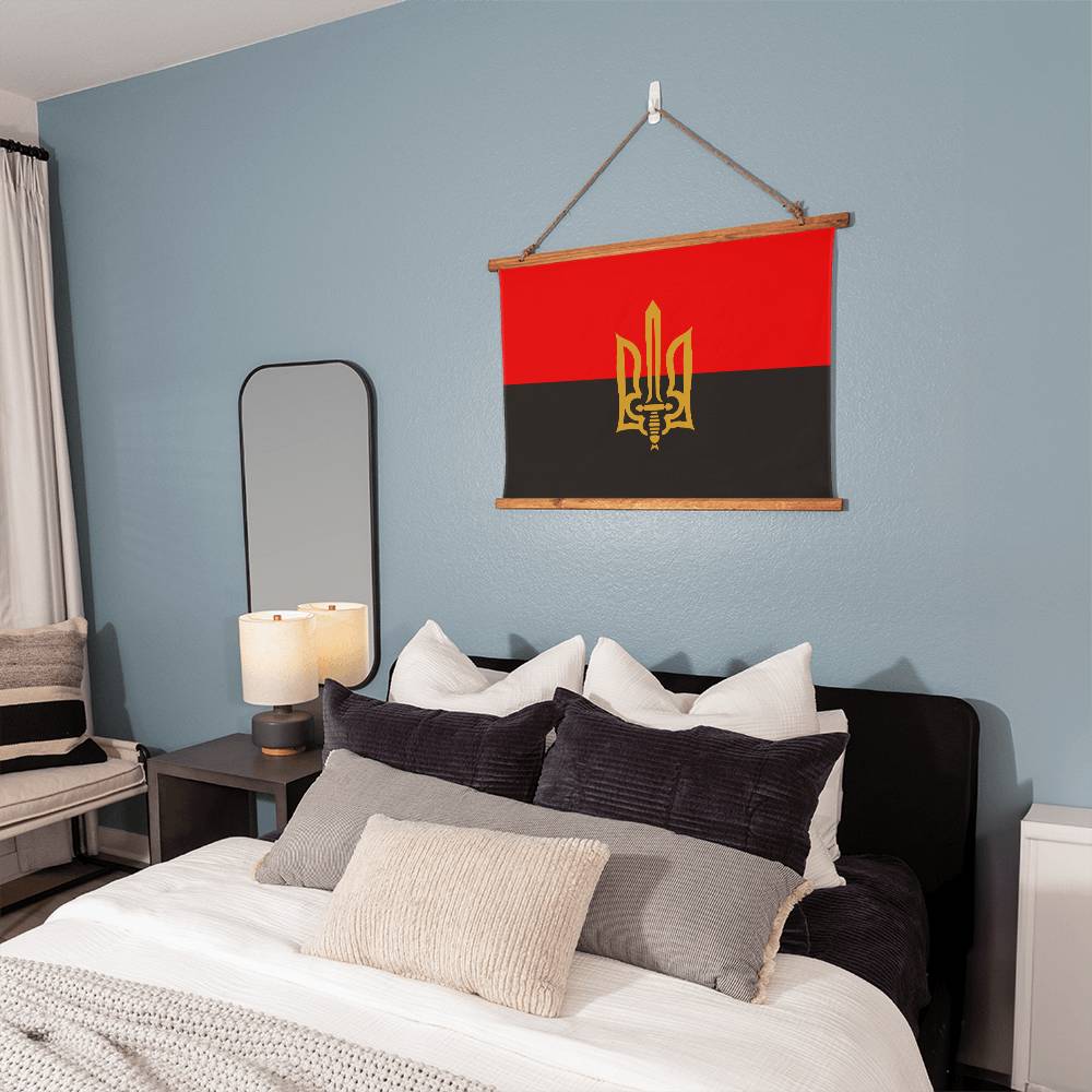 Stylized Tryzub And Red-Black Flag - 36" x 26" Wood Framed Wall Tapestry